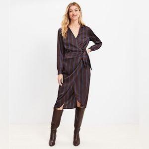 Loft Petite Striped Satin Midi Wrap Dress